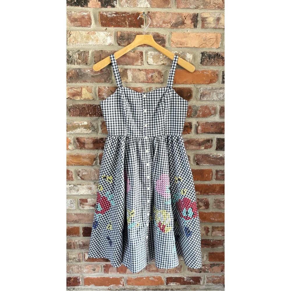 French Connection Lavande Gingham Navy Floral Embroidered Cotton Dress, 4